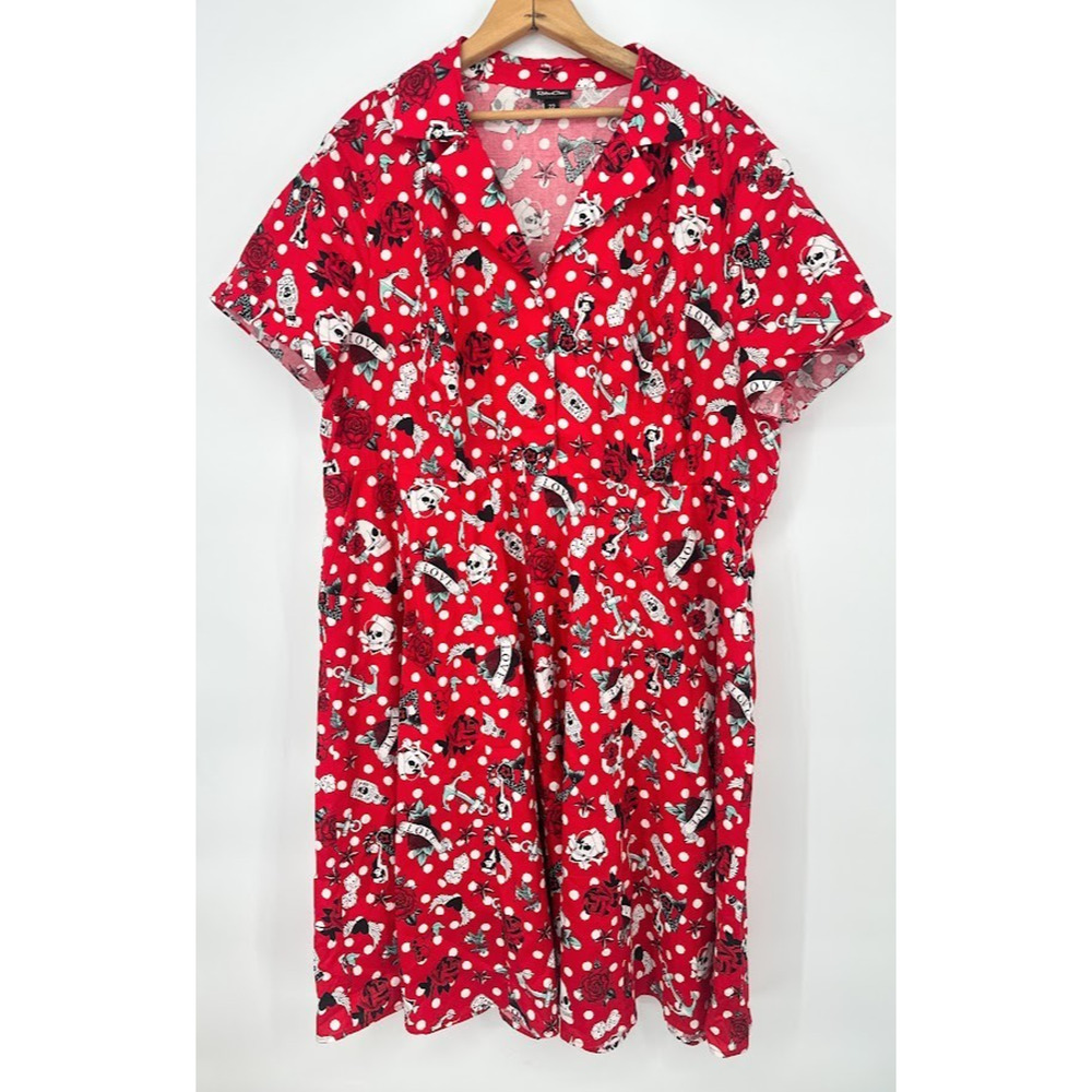 TORRID Retro‎ Chic Red Skull Rockabilly Midi Dress Sz 22 Pin Up Polka Dot Rocker